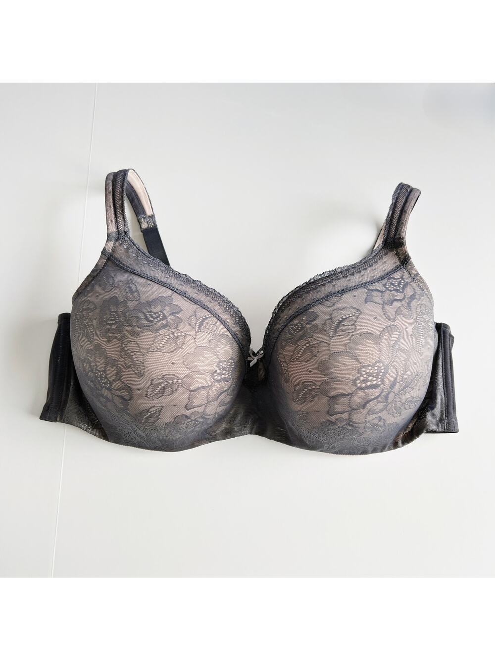 [Cacique] Lightly Lined Balconette Bra Gray Lace U-Back Underwire Size 44DDD